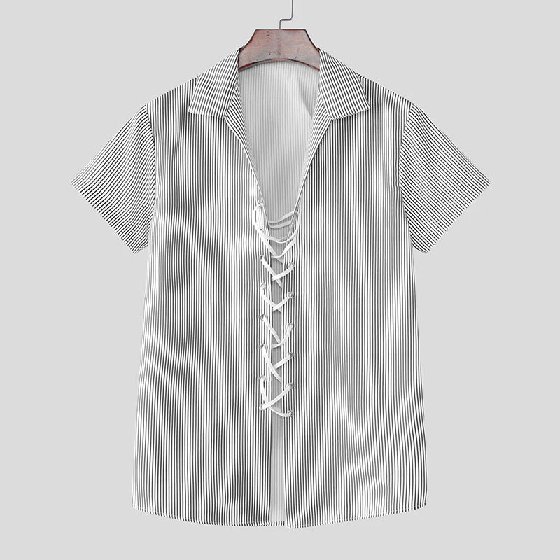 INCERUN Men Striped Shirt Lapel Short Sleeve Lace up Hollow Out Men Clothing Summer Sexy 2025 Streetwear Fashion Male Shirts