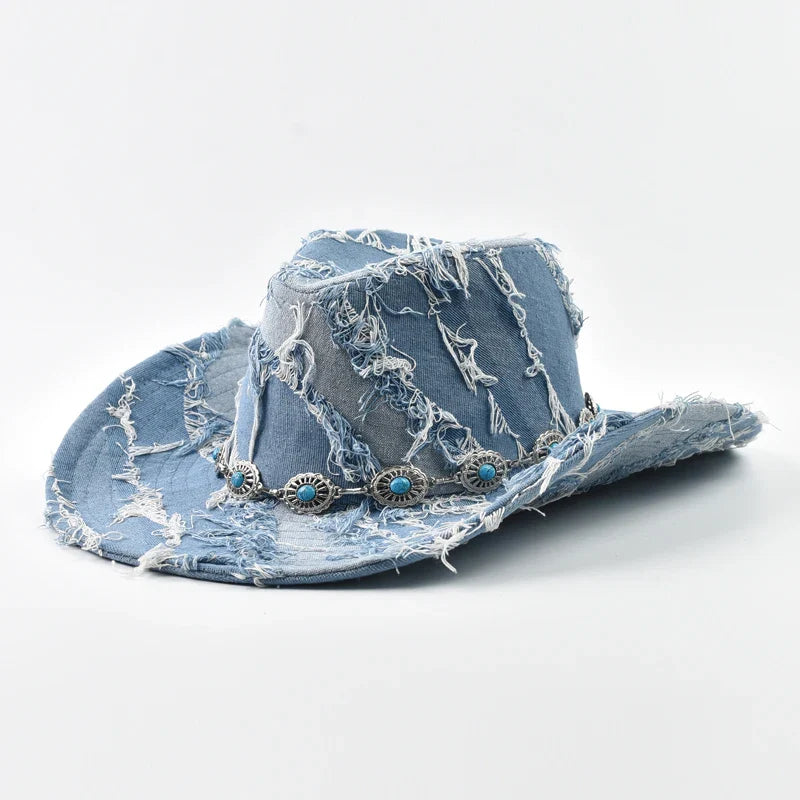 Western Style Cowboy Hat Fashion Washed Denim Cowgirl Jazz Hat Suitable for Daily Casual Wear, Western Cowboy Party, Bar Cowboy