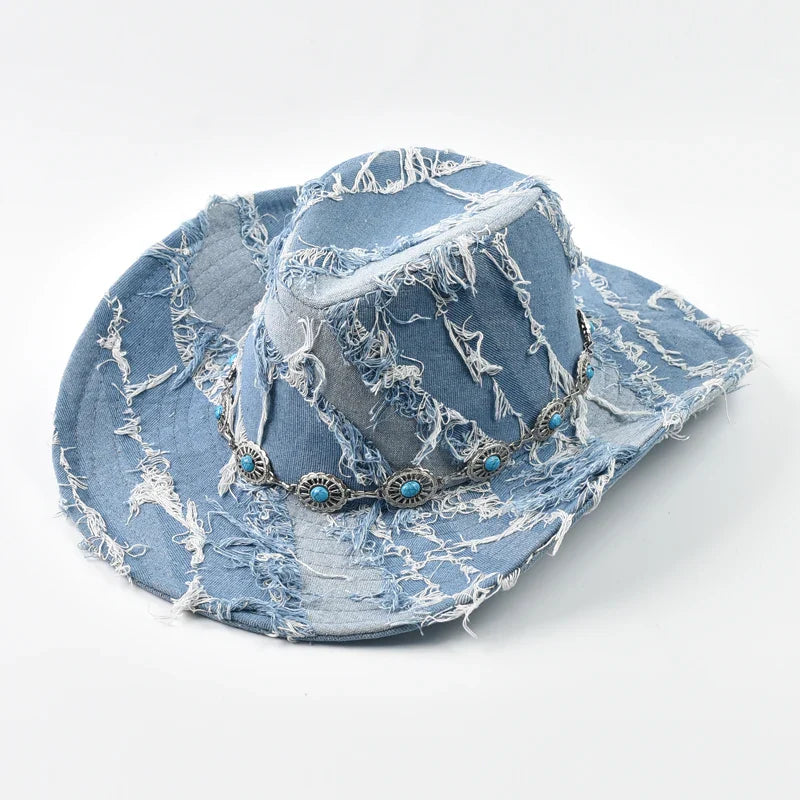 Western Style Cowboy Hat Fashion Washed Denim Cowgirl Jazz Hat Suitable for Daily Casual Wear, Western Cowboy Party, Bar Cowboy
