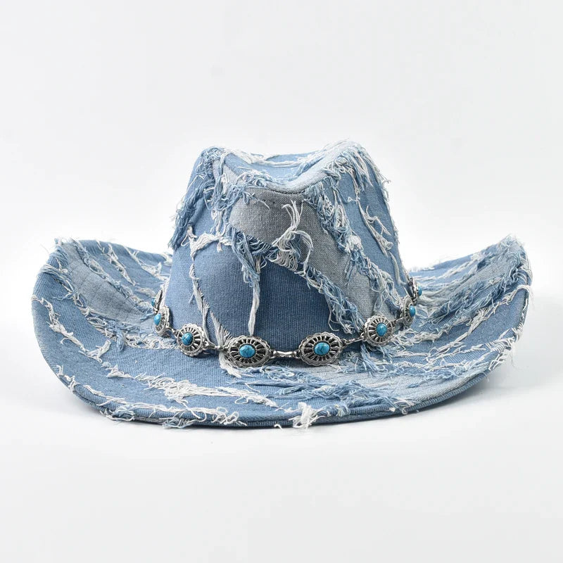 Western Style Cowboy Hat Fashion Washed Denim Cowgirl Jazz Hat Suitable for Daily Casual Wear, Western Cowboy Party, Bar Cowboy