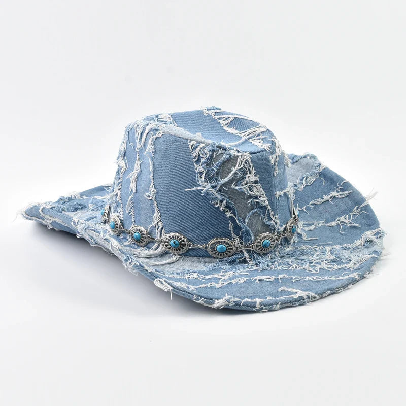 Western Style Cowboy Hat Fashion Washed Denim Cowgirl Jazz Hat Suitable for Daily Casual Wear, Western Cowboy Party, Bar Cowboy