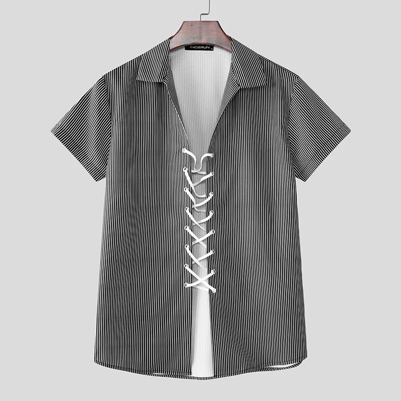 INCERUN Men Striped Shirt Lapel Short Sleeve Lace up Hollow Out Men Clothing Summer Sexy 2025 Streetwear Fashion Male Shirts