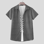 INCERUN Men Striped Shirt Lapel Short Sleeve Lace up Hollow Out Men Clothing Summer Sexy 2025 Streetwear Fashion Male Shirts